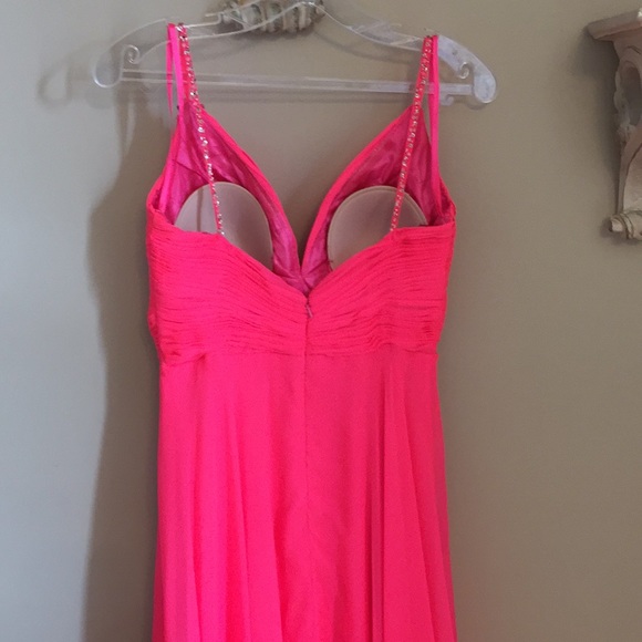 Neon coral pink gown rhinestone detail - Picture 4 of 6